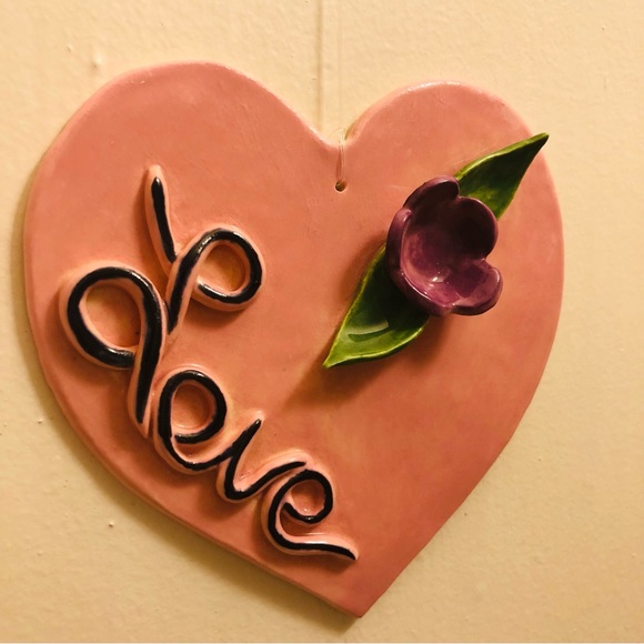 Mango Tree Studios Ceramic Heart Love Flower Wall Accent Artisan PJS Signed OOAK - Picture 3 of 12